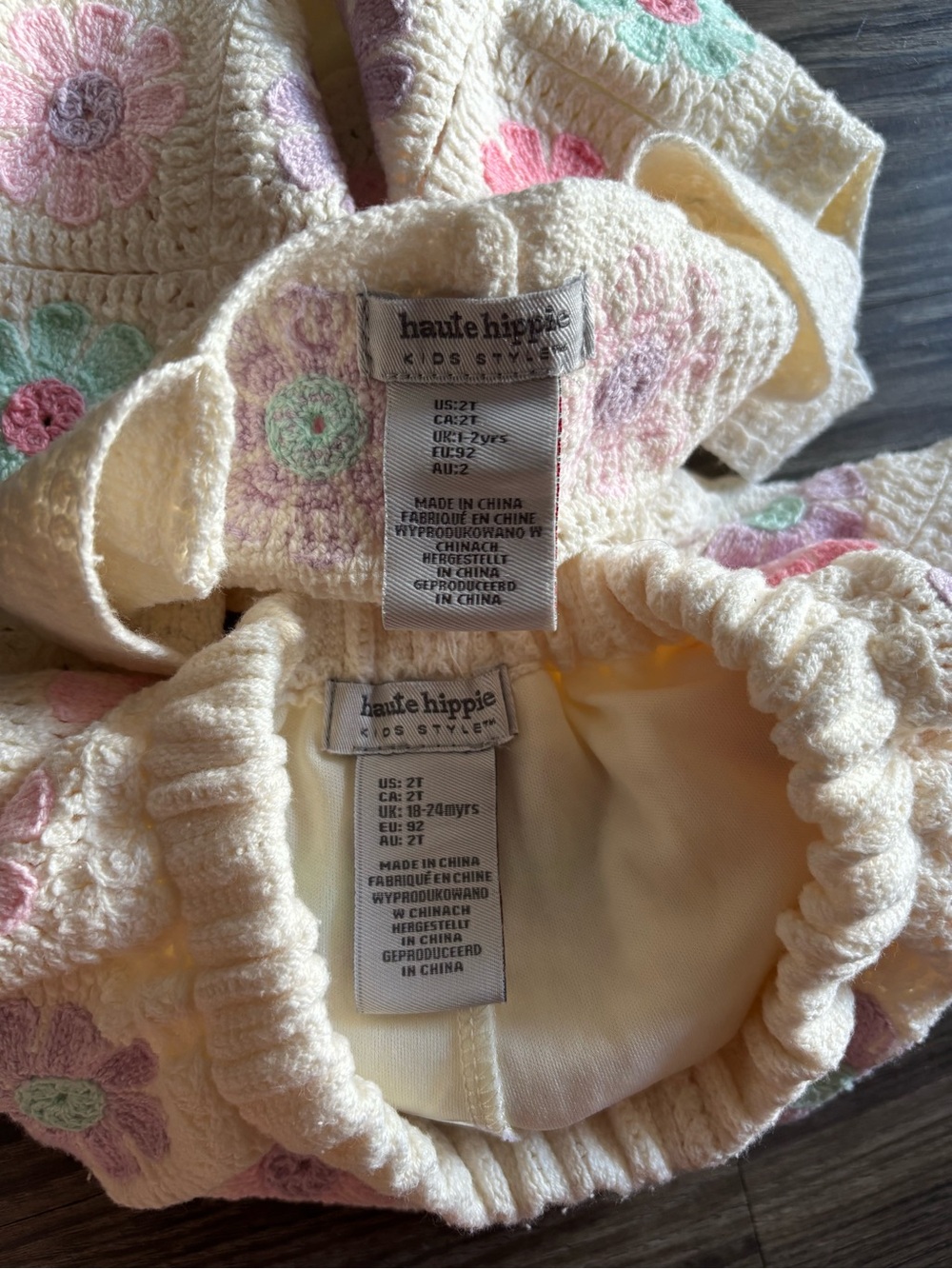 Haute Hippie Crochet Floral Two-Piece Set in Cream with Pastel Flowers- 2T size - Picture 3 of 3